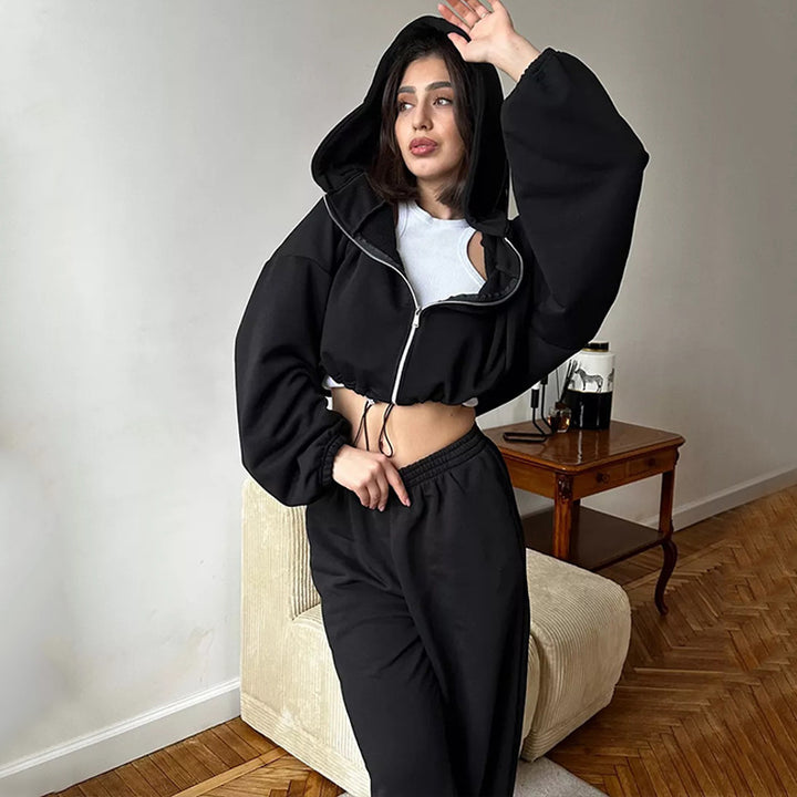 Damen kurzes Kapuzenzipper-Lounge-Set mit oversized Ärmeln und weitem Jogginghose-Schnitt Drune