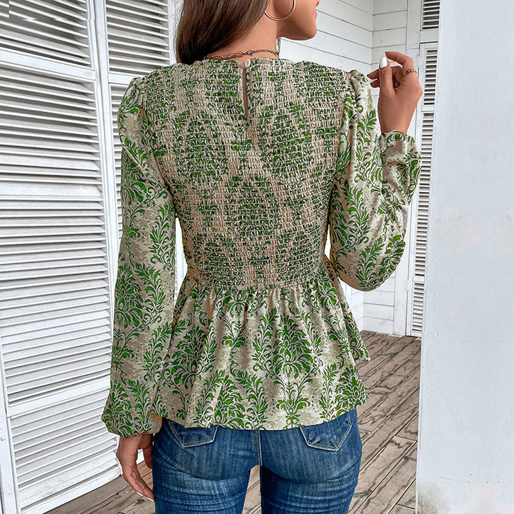Damen Smock-Bluse mit Raffung, Ballonärmeln und Ornament-Print Drune