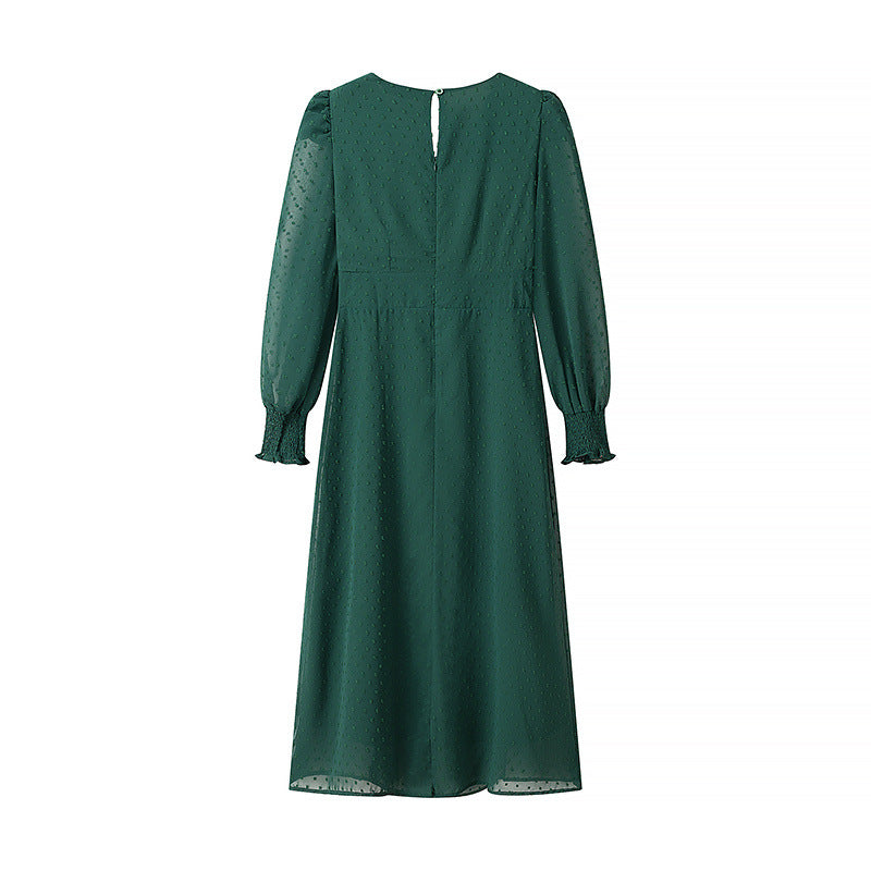 Damen nan gerafftes V-Neck Midikleid mit punktstruktur, gesmokten Manschetten und seitlichem Schlitz Drune