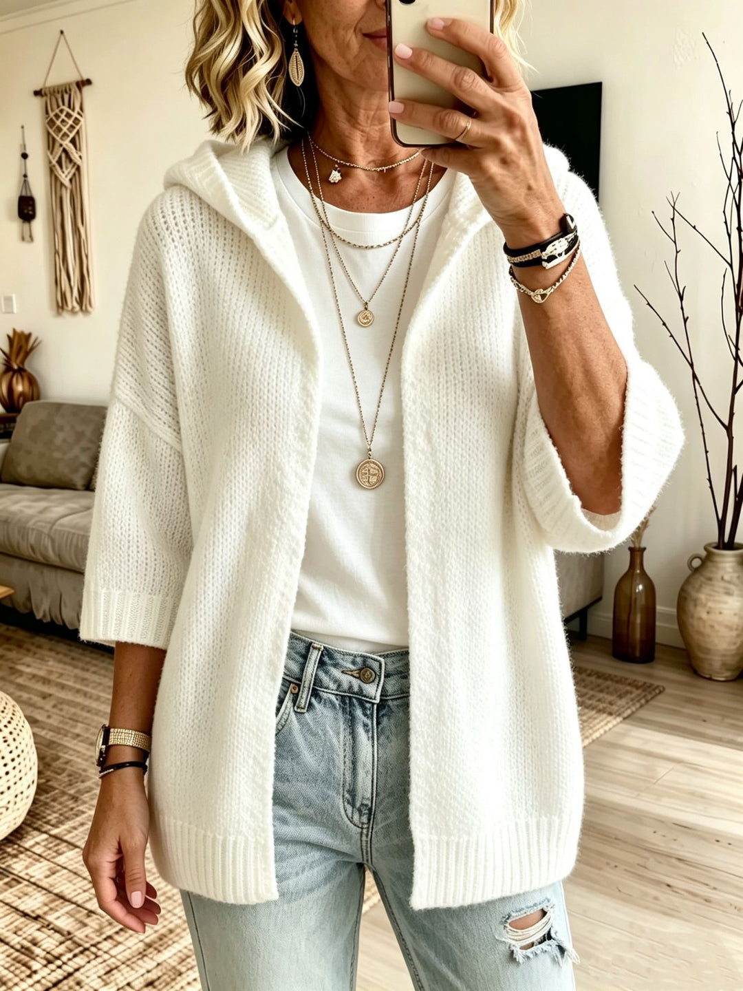 Damen Kapuzen-Longcardigan aus grobem Strick mit 3/4-Ärmeln und offener Front Drune