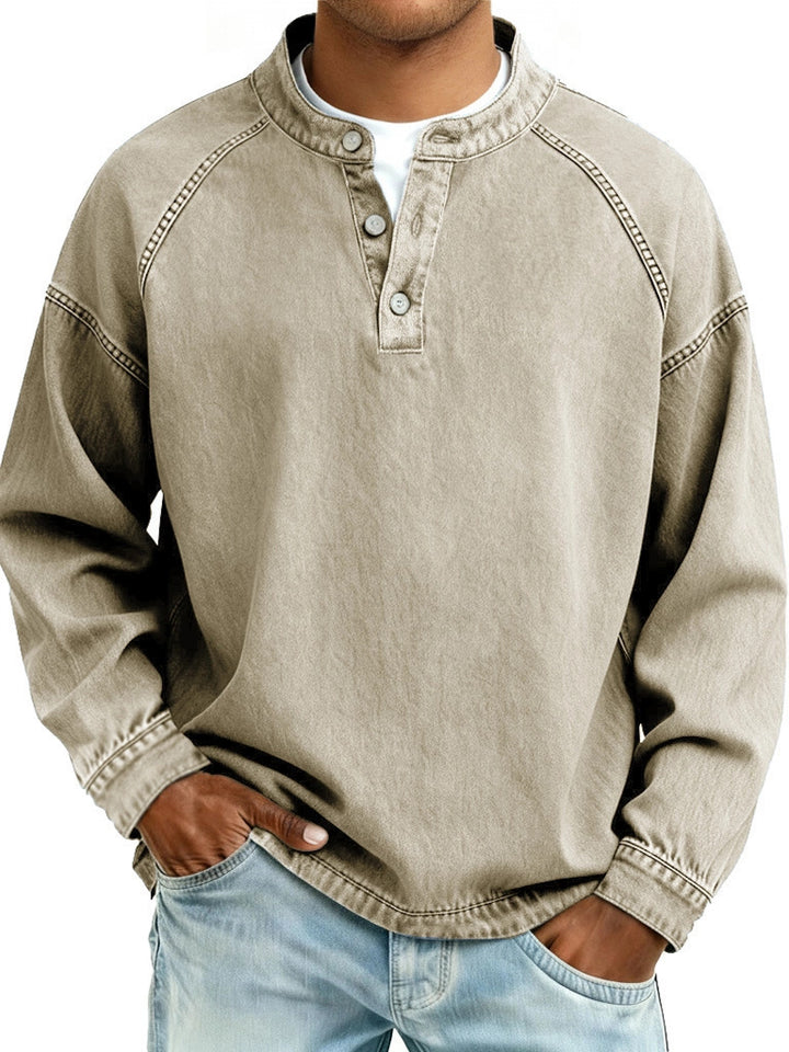 Herren nan verwaschenes Henley-Shirt mit Stehkragen, lockerer Passform und Knopfleiste Drune