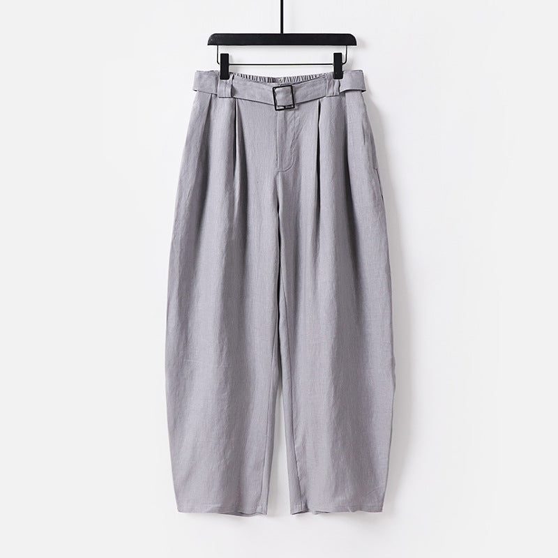 Damen Hochgeschnittene weite Leinenmix-Hose mit Bundfalten und Stoffgürtel Drune
