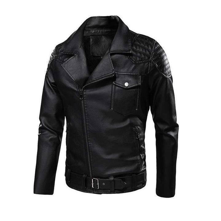 Herren Kunstleder-Bikerjacke mit Schultersteppungen, asymmetrischem Reißverschluss und verstellbarem Taillengürtel Drune