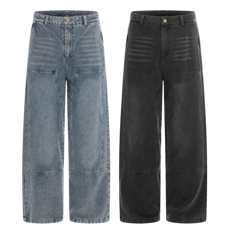 Damen hochgeschnittene Weitbein-Jeans im Utility-Look mit aufgesetzten Taschen Drune