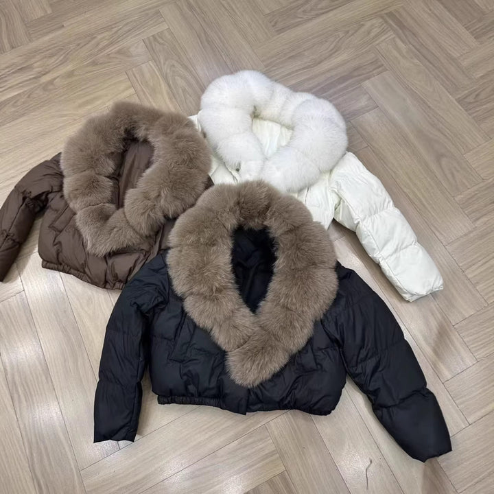 Damen nan kurz geschnittene Boxy-Pufferjacke mit extra großem Webpelzkragen und formstabilem Saum Drune