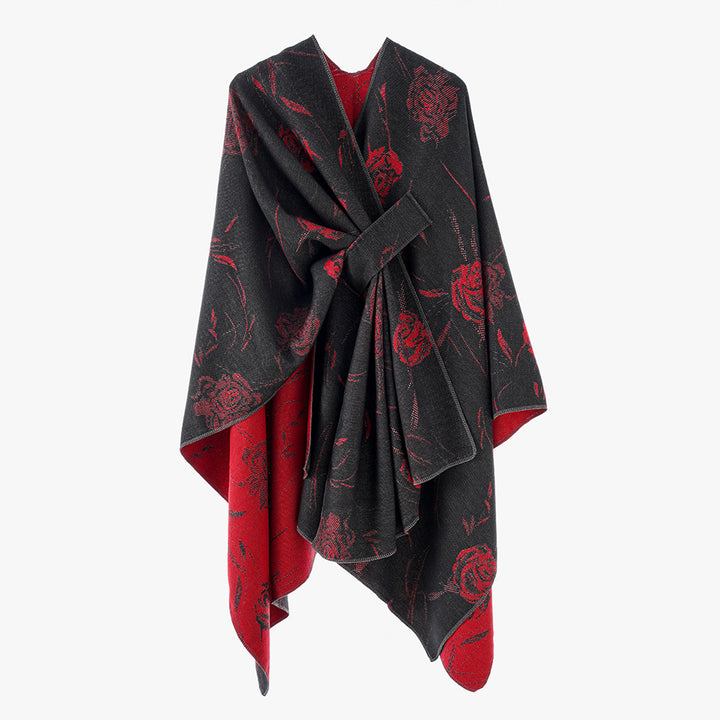 Damen Wendbarer Capeponcho mit Rosen-Jacquard und Bindegürtel Drune