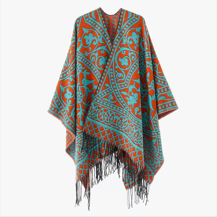 Damen Jacquard-Überwurf mit orientalischem Ornamentmuster und Fransensaum Drune