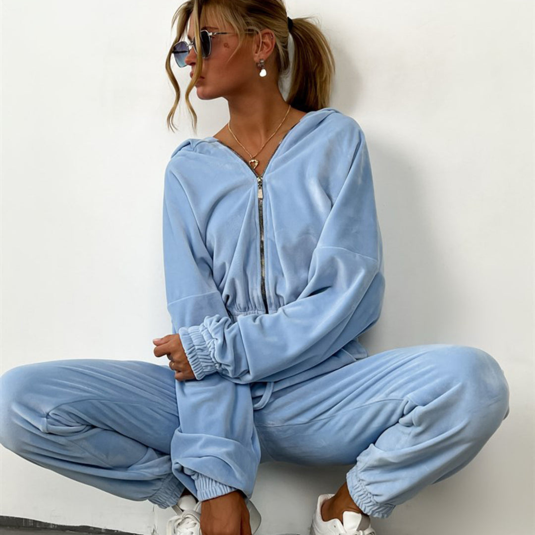 Damen Velours-Halbzip-Hoodie mit hochgeschnittener Jogginghose und Kordelzugbund Drune