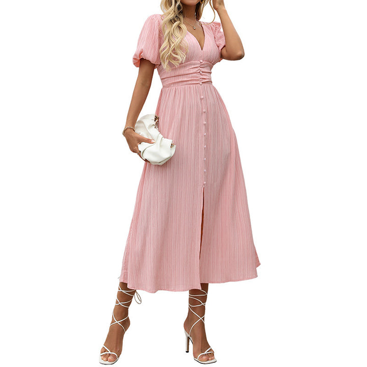 Damen Figurumschmeichelndes Midikleid mit Rippstruktur, Puffärmeln und V‑Ausschnitt Drune