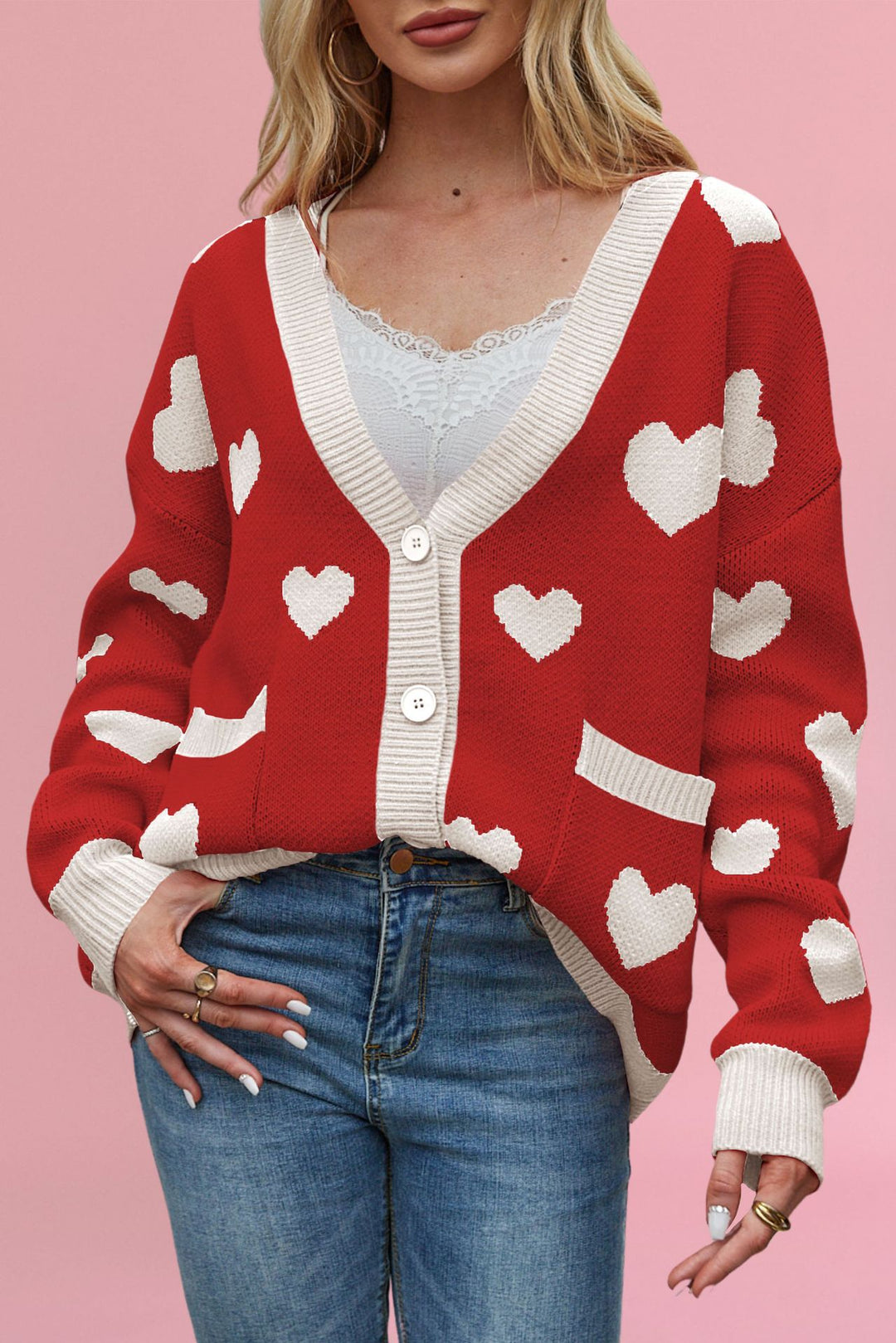 Damen kuschelige Strickjacke mit Herzmuster und großen Taschen Drune