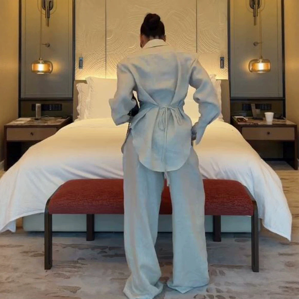 Damen Lockeres Leinen-Zweiteiler mit kastigem Hemdblazer und weiter Palazzo‑Hose Drune