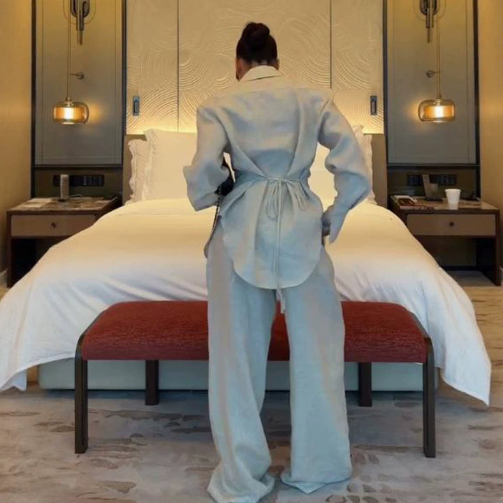 Damen Lockeres Leinen-Zweiteiler mit kastigem Hemdblazer und weiter Palazzo‑Hose Drune
