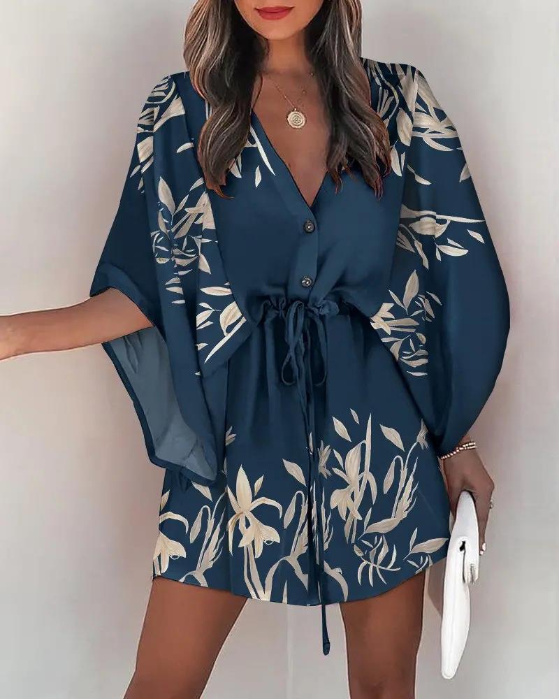Damen Blusenkleid mit floralem Design und V-Ausschnitt Drune