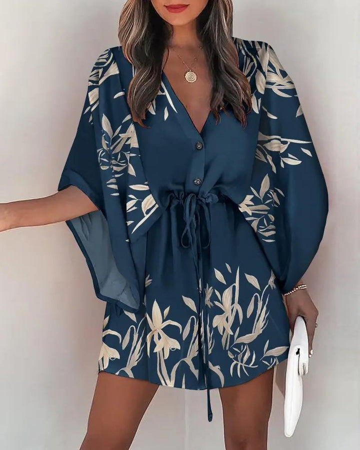 Damen Blusenkleid mit floralem Design und V-Ausschnitt Drune