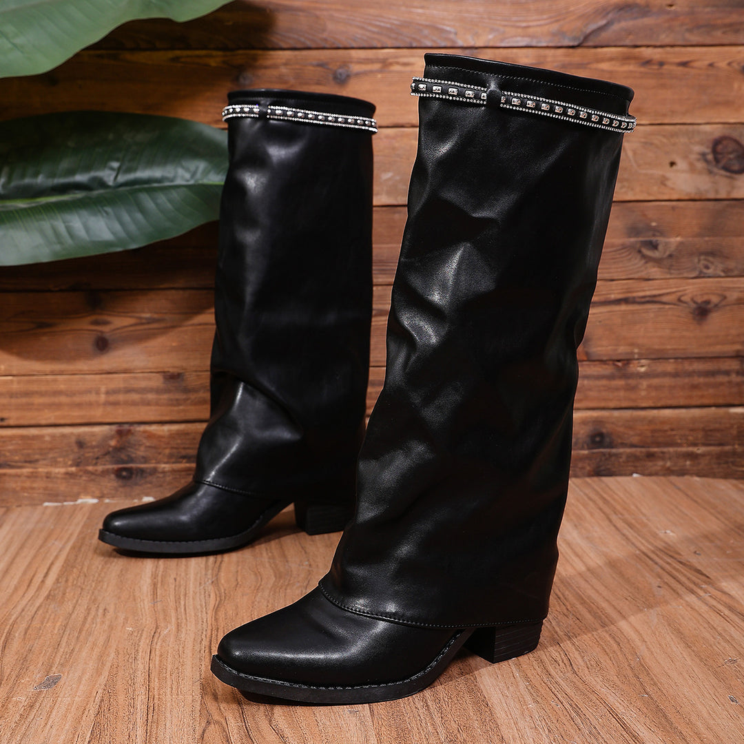 Damen Kniehohe Slouch‑Stiefel mit Strassbesatz und mittlerem Blockabsatz Drune