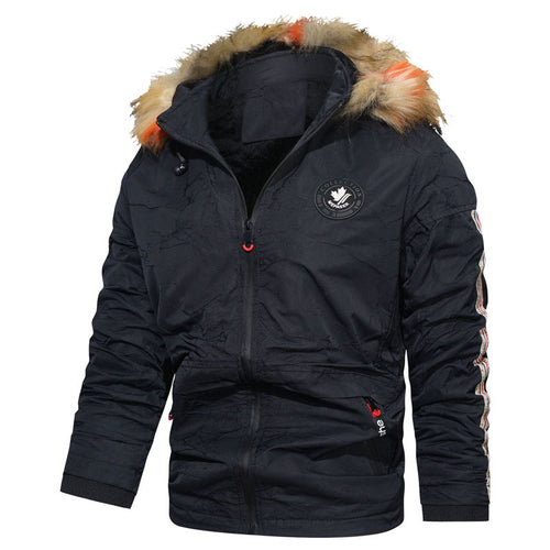 Herren wattierte Kapuzenjacke im Fieldparka-Stil mit Kunstfellbesatz und Ärmel-Stripe Drune