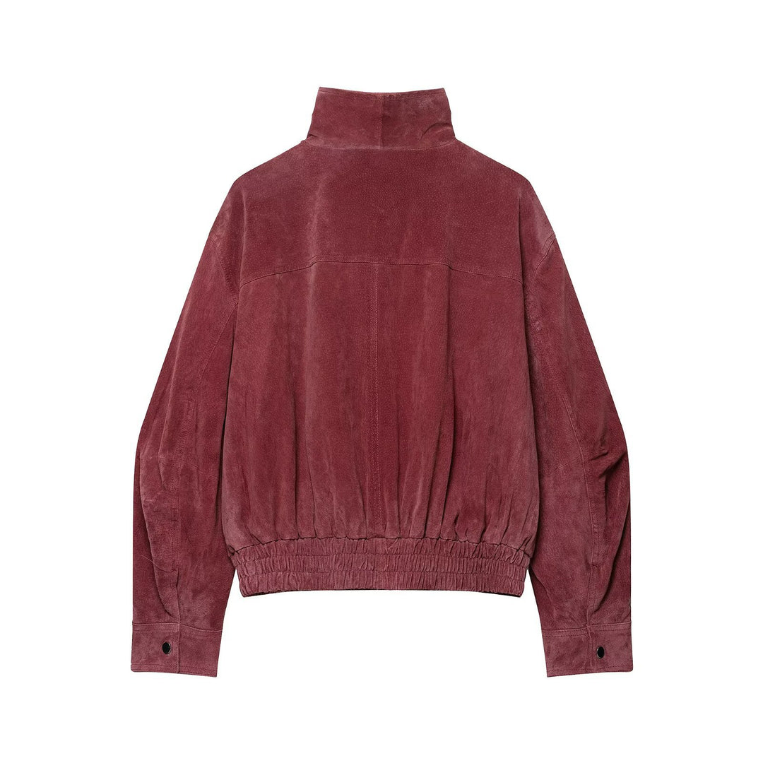 Damen Kurzschnitt Veloursleder-Bomber mit hohem Stehkragen und elastischem Saum Drune