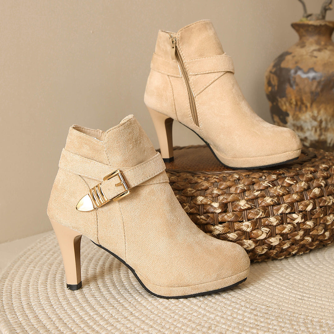 Damen Elegante Ankle-Boots mit hohem Absatz, seitlichem Reißverschluss und dekorativem Schnallengurt Drune