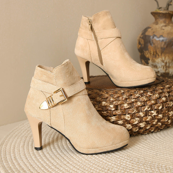 Damen Elegante Ankle-Boots mit hohem Absatz, seitlichem Reißverschluss und dekorativem Schnallengurt Drune