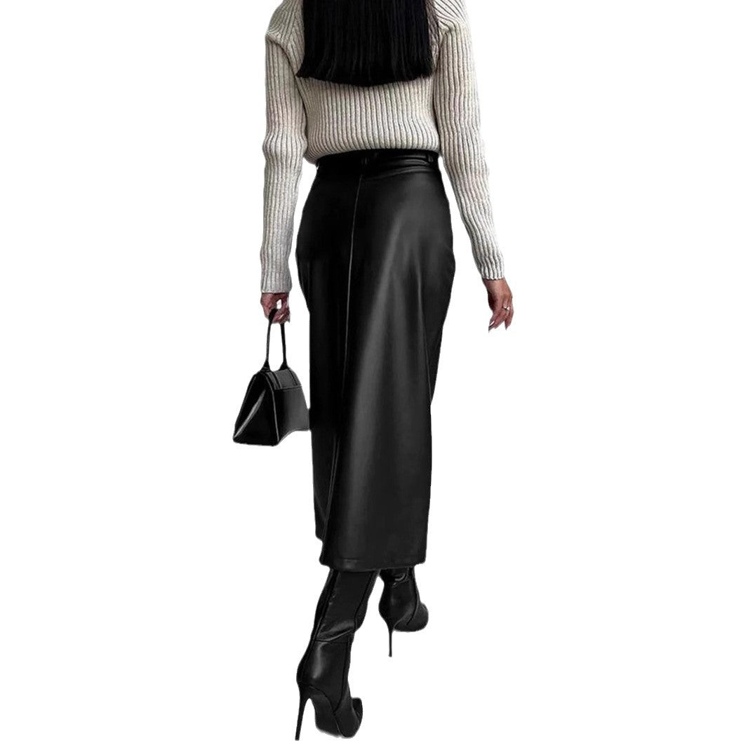 Damen Lederrock mit elegantem Schlitz und hohem Bund Drune