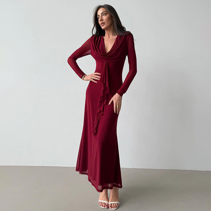 Damen Elegantes Maxikleid mit tiefem V-Ausschnitt und Rüschendetail Drune