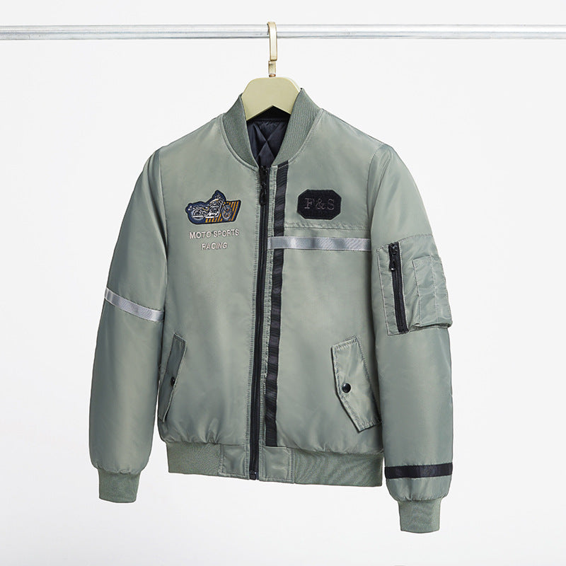 Men's  motorcycle-inspired reflective pilot bomber jacket with embroidered racing badge Drune