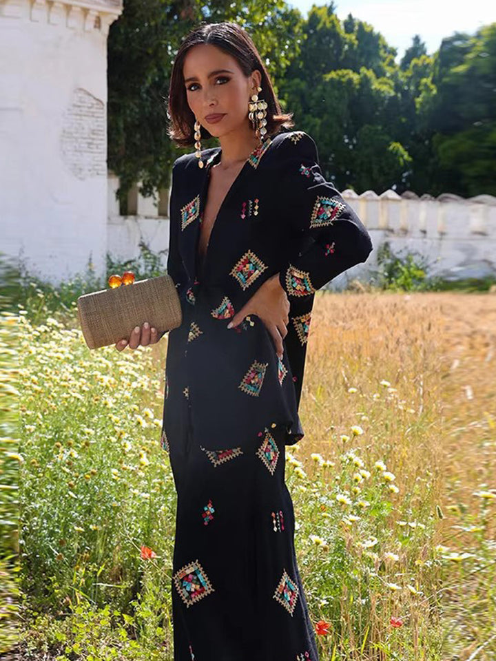 Damen Zweiteiliger Jacquard-Anzug mit Taillenschleife und weitem Bein Drune