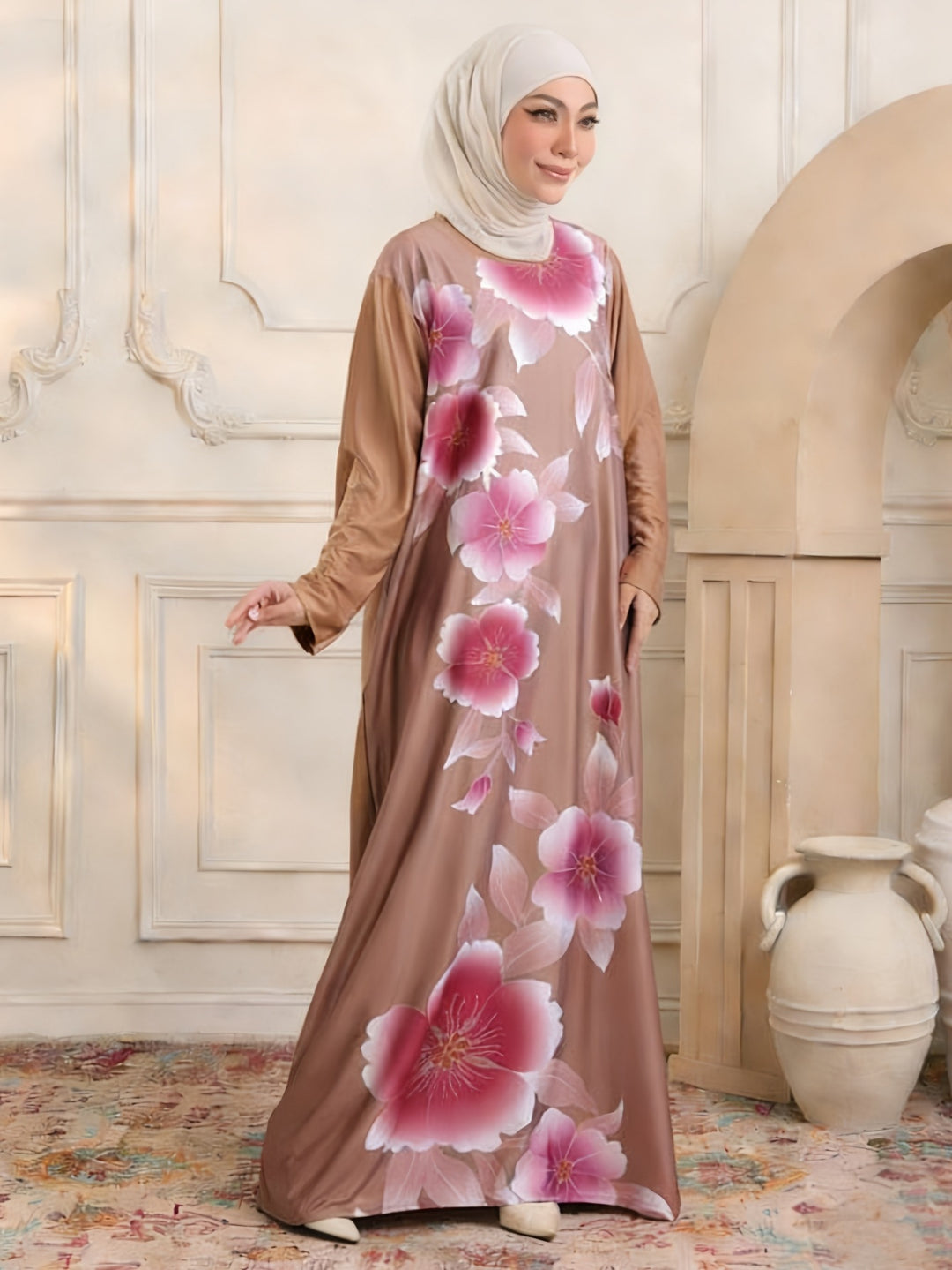 Damen Maxikleid im Kaftan-Stil mit handbemaltem Blumenprint Drune