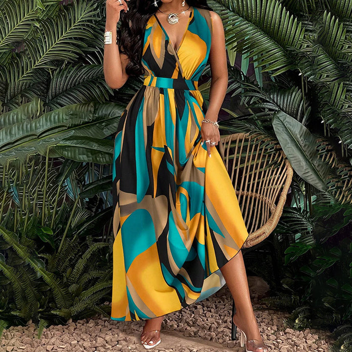 Damen Elegantes Maxikleid mit modernem, farbenprächtigen Design und tiefem V-Ausschnitt Drune
