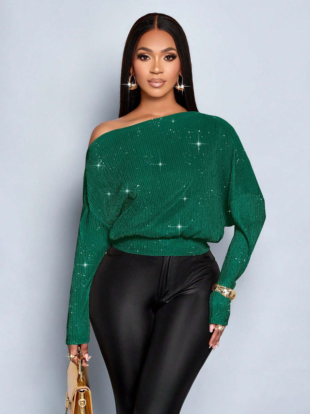 Damen Off-Shoulder Rippstrick-Pullover mit Glitzereffekt und Batwing-Ärmeln Drune