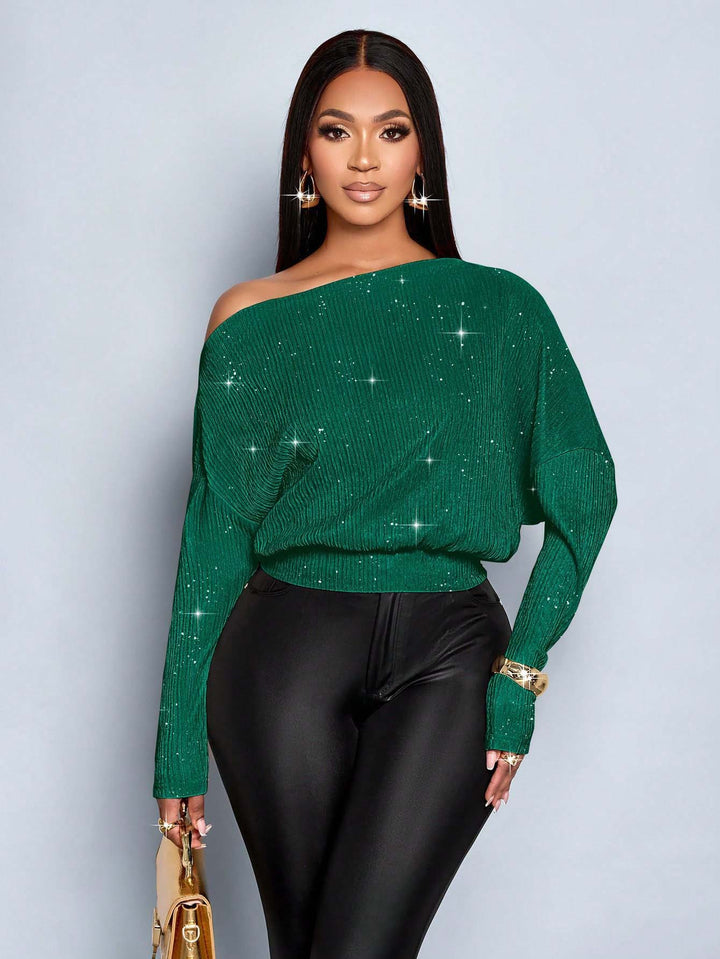 Damen Off-Shoulder Rippstrick-Pullover mit Glitzereffekt und Batwing-Ärmeln Drune