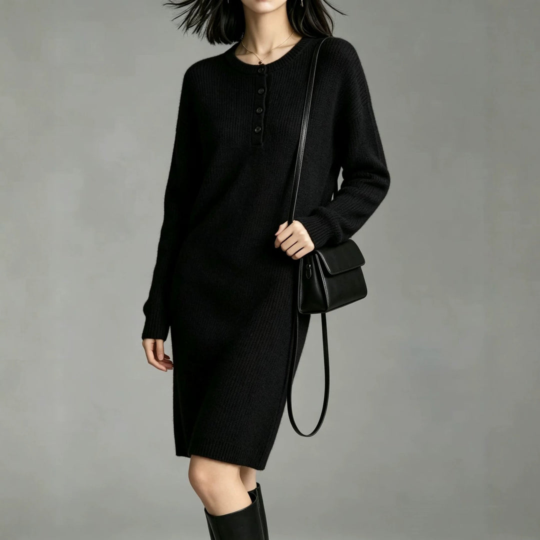 Damen Midilanges Strickkleid mit Henley-Leiste und gerippten Bündchen Drune
