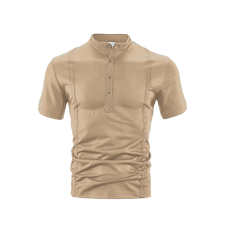 Herren nan Kurzarm-Stehkragenshirt mit verdeckter Knopfleiste, Zierpaspeln und figurbetonter Silhouette Drune