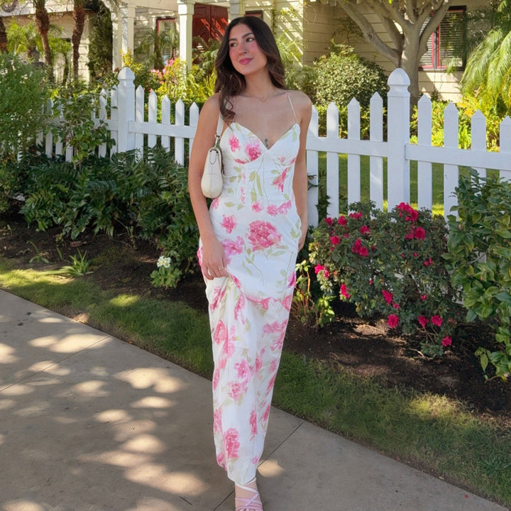 Damen Sommerliches Maxikleid mit floralem Muster und feinen Spaghetti-Trägern Drune