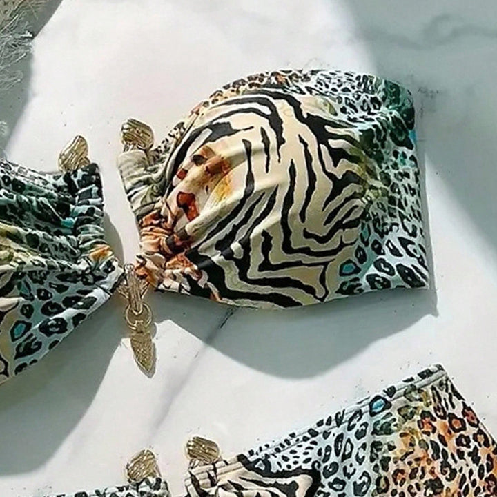 Damen Bandeau-Bikini mit animalischem Muster und dekorativem Verschluss Drune