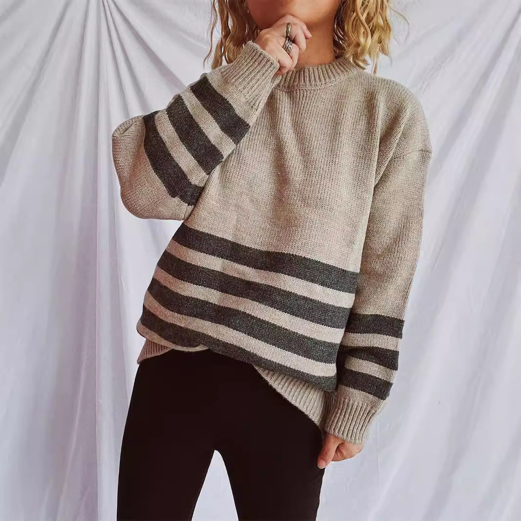 Damen lässiger Oversize-Pullover mit modernem Streifenmuster Drune