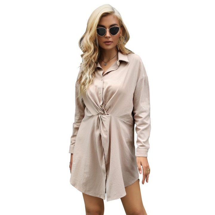 Damen Tunika-Hemdblusenkleid mit Twist-Knoten, Knopfleiste und seitlichem Schlitz Drune