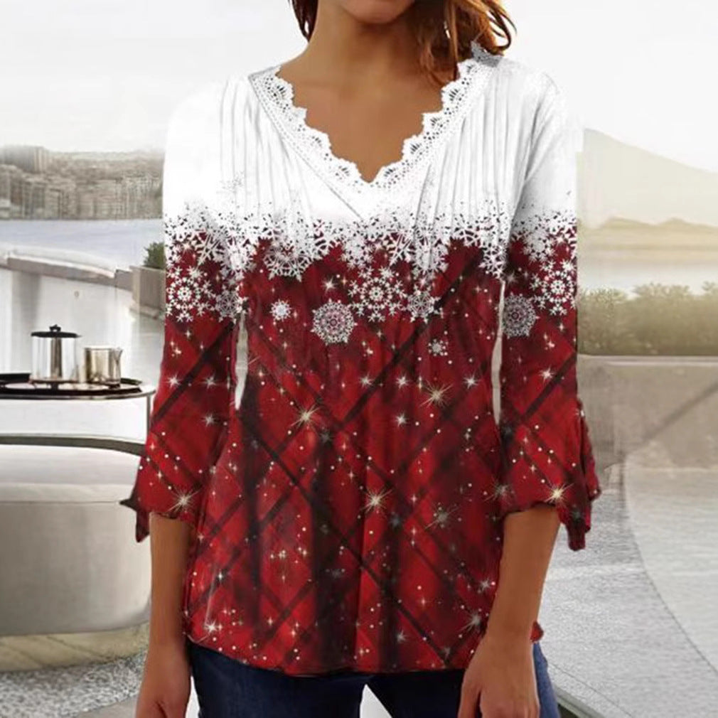 Damen nan Tunika-Bluse mit Spitzen-V-Ausschnitt, feiner Plissee-Passe und winterlichem Schneeflocken-Print Drune