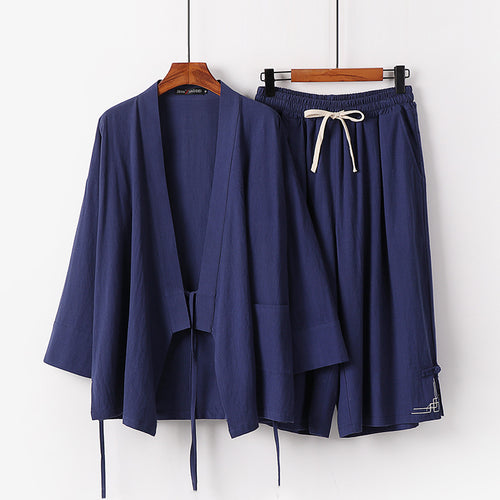 Damen Zen-Kimono-Lounge-Set aus atmungsaktivem Baumwollmix mit Bindebandjacke und weiten Culotte-Hose Drune