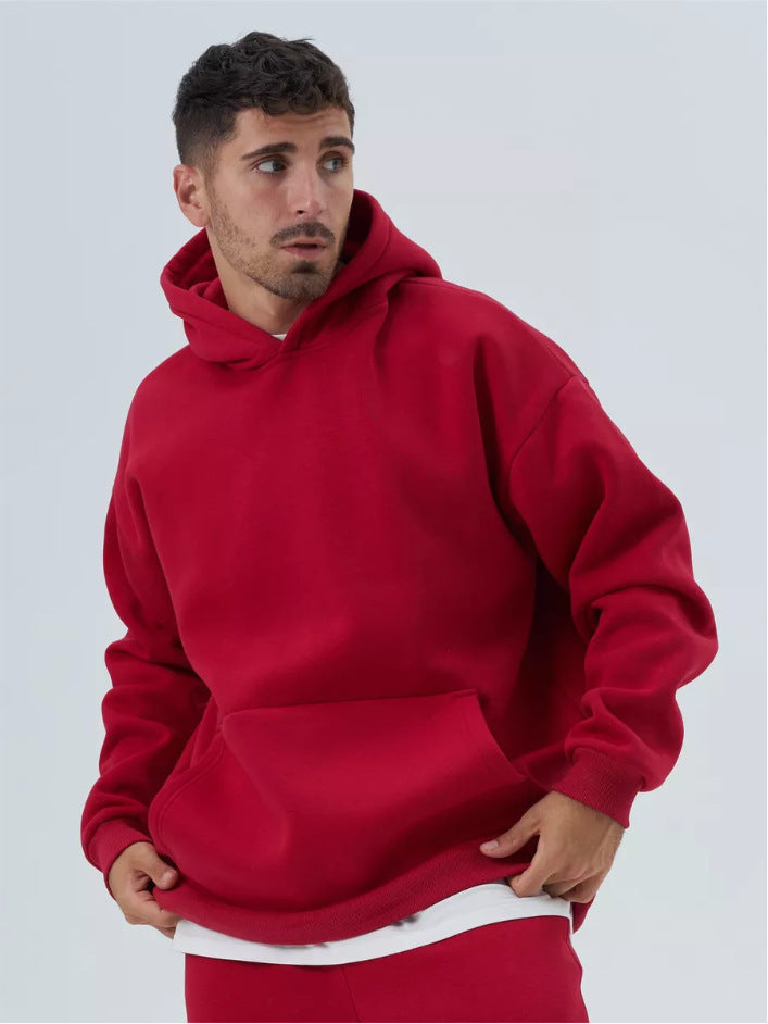 Herren nan schwerer Fleece-Boxy-Hoodie mit tiefem Schulterfall verstärkter Kapuze und Kängurutasche Drune