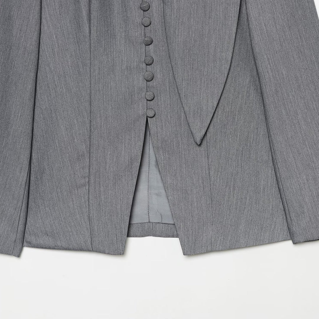 Damen Eleganter Longline-Blazer mit hohem Funnelkragen und überziehbaren Stoffknöpfen Drune