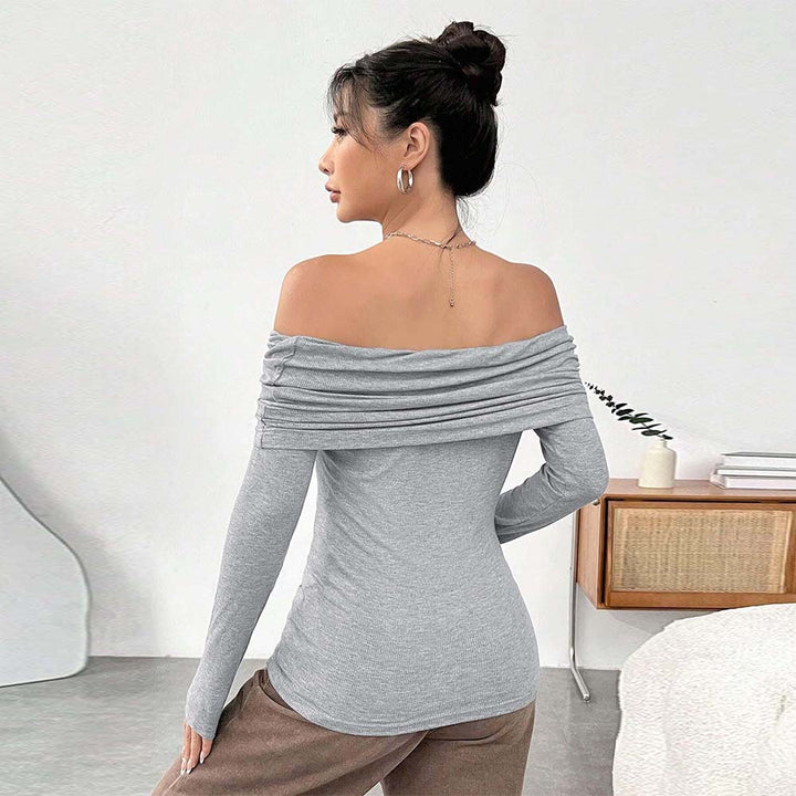 Damen eng anliegendes Off-Shoulder Rippstrick-Longsleeve mit gerafftem Wasserfall-Ausschnitt und Daumenloch Drune