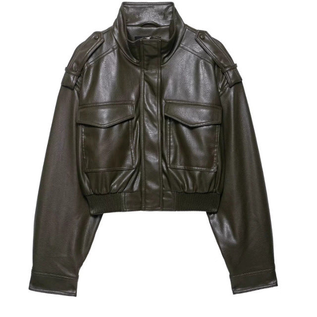 Damen 10+ kurzes Kunstleder‑Bomberjacke im Military‑Look mit Pattentaschen und Stehkragen Drune