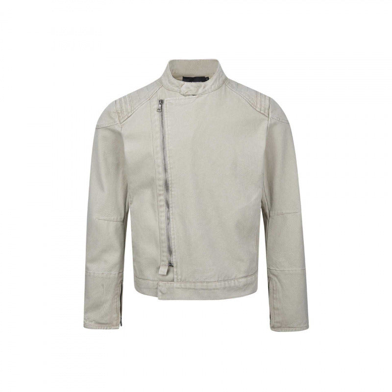 Herren Asymmetrische Kurzjacke im Biker-Stil mit Stehkragen und schrägem Metallreißverschluss Drune