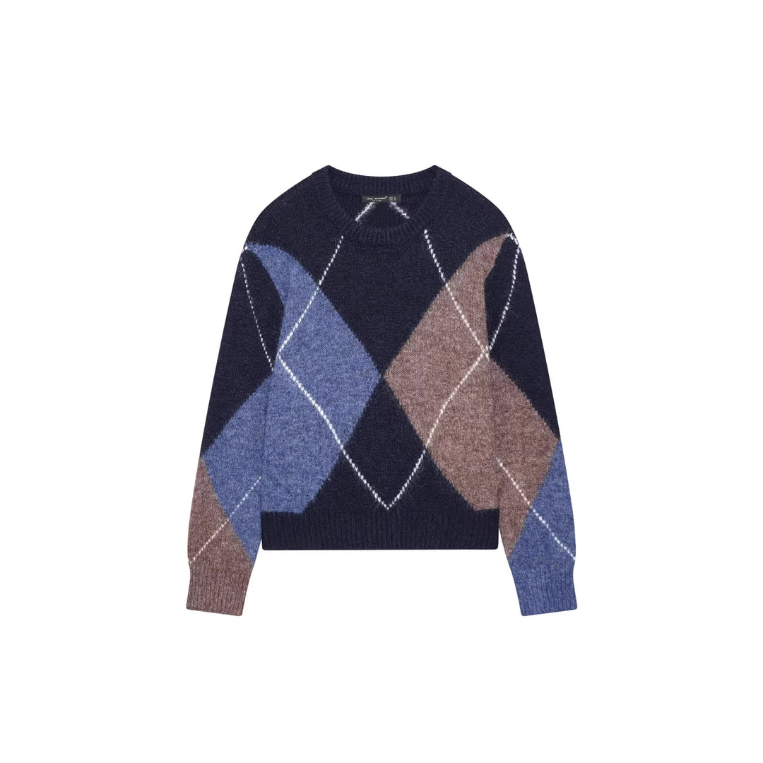 Damen nan grobgestrickter Argyle-Pullover mit Rundhalsausschnitt, überschnittener Schulter und breitem Rippenbund Drune