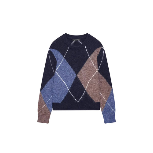 Damen nan grobgestrickter Argyle-Pullover mit Rundhalsausschnitt, überschnittener Schulter und breitem Rippenbund Drune