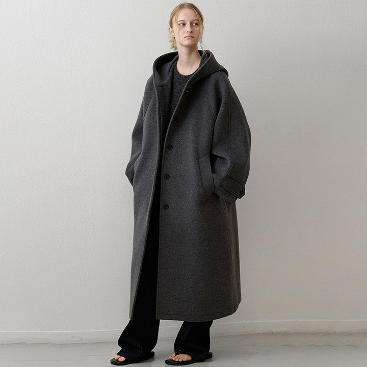 Damen Oversized Wollmantel mit Kapuze und praktischen Taschen Drune