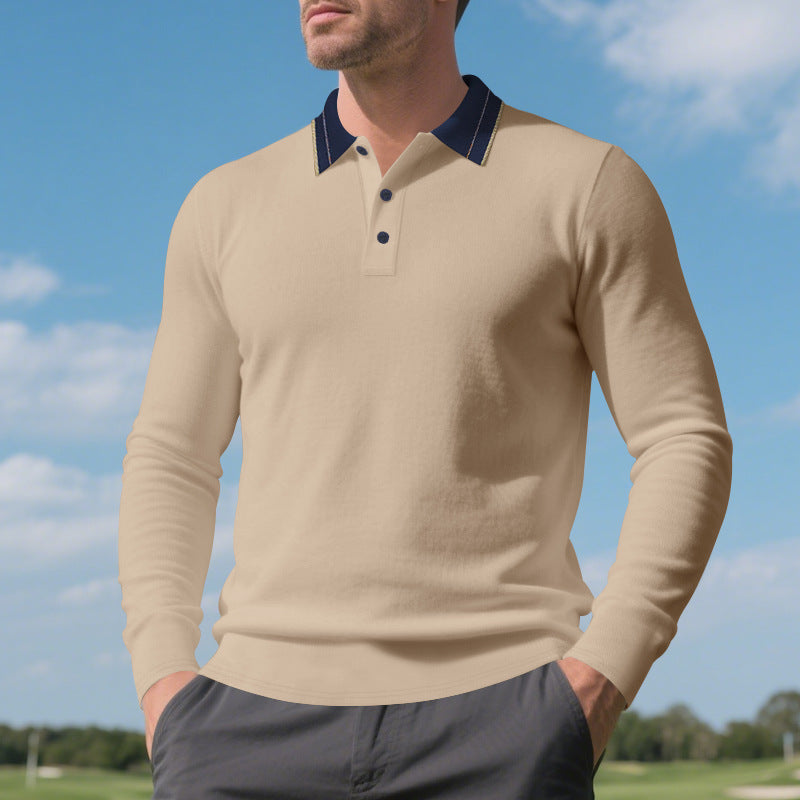 Herren elegantes Langarm-Polohemd mit kontrastierendem Kragen und modischen Knopfdetails Drune