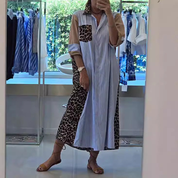 Damen nan Hemdblusenkleid im Printmix mit Leoprint-Seiteneinsätzen, Nadelstreifen-Passe und aufkrempelbaren Ärmeln Drune