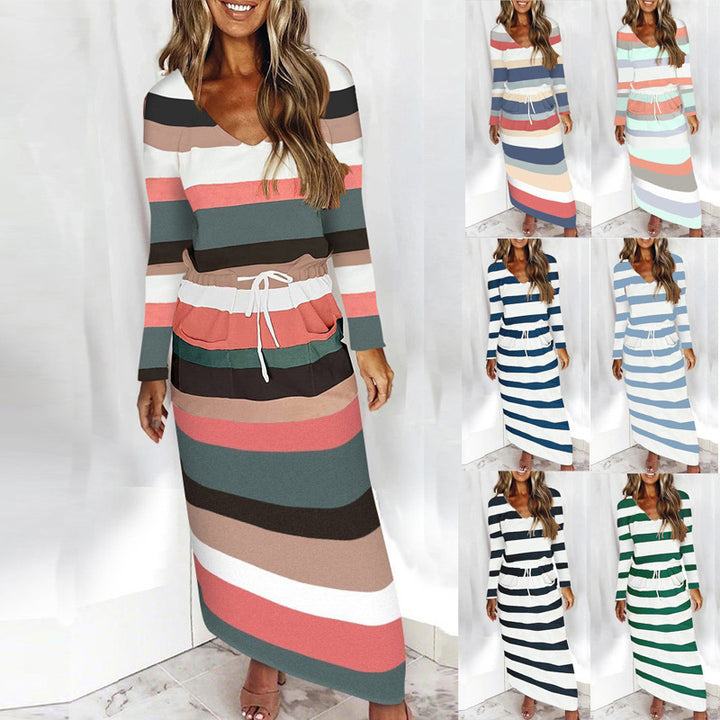 Damen Lässig-elegantes Maxi-Strickkleid mit V-Ausschnitt, Tunnelzug und Eingrifftaschen Drune